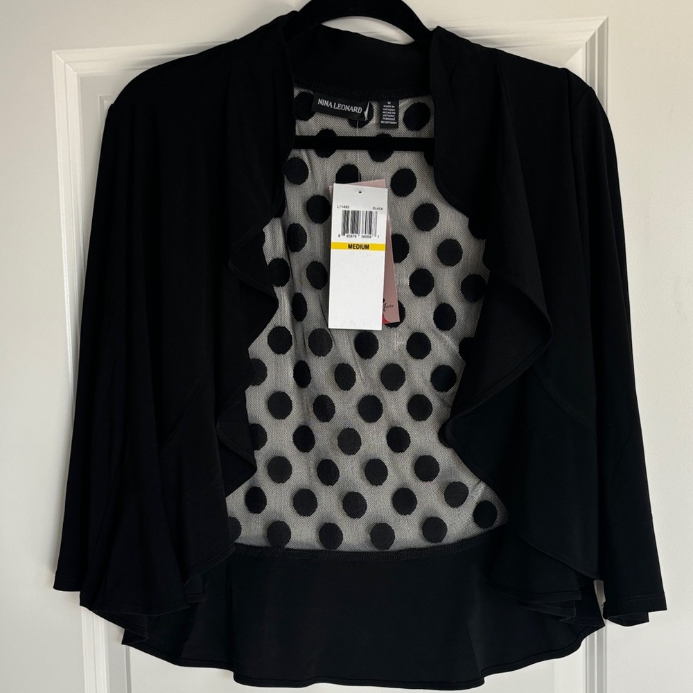 Nina Leonard Black Ruffle Open-Front Shrug